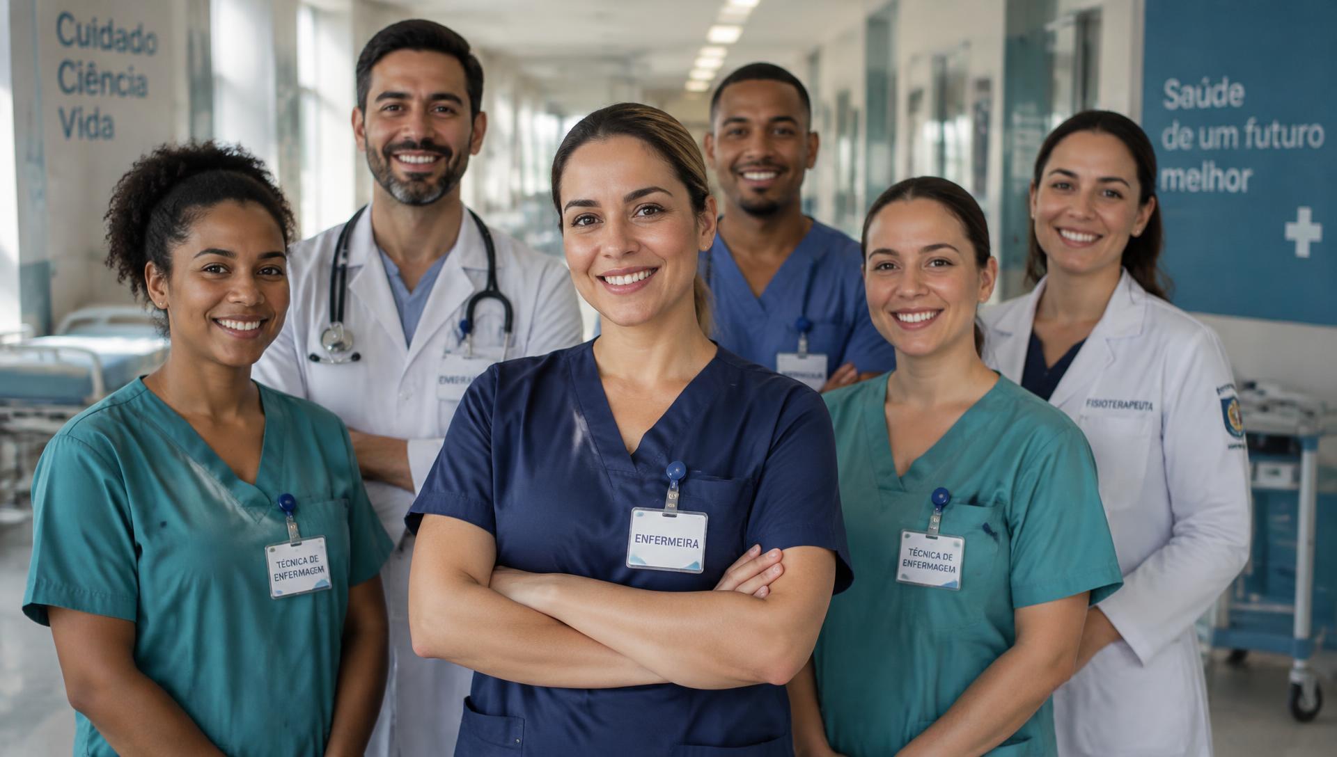 Equipe de profissionais de saúde reunida em um corredor de hospital